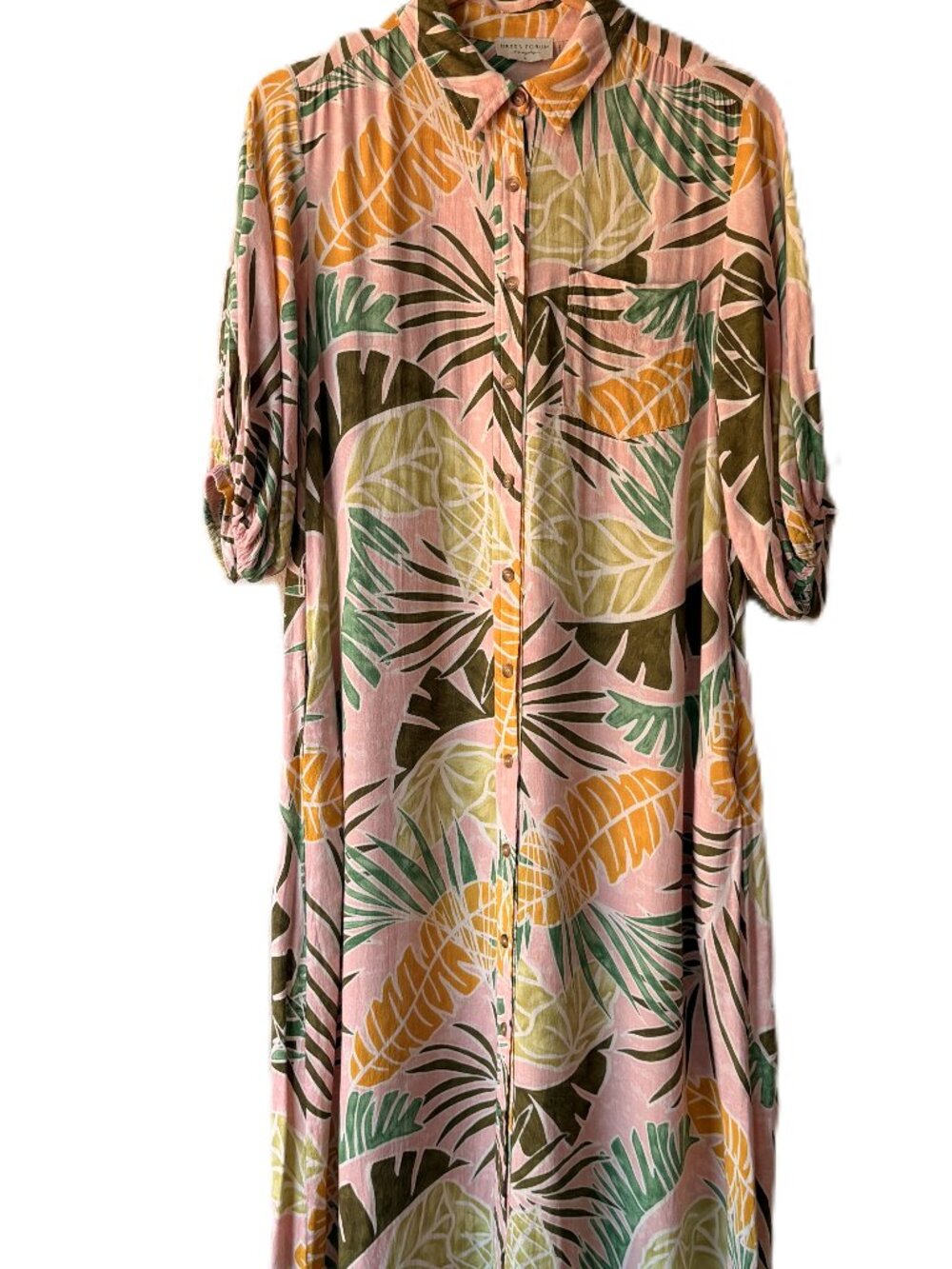 Dress Forum LA Tropical Palm Leaf Shirt Dress Pink Green Button Front Size S